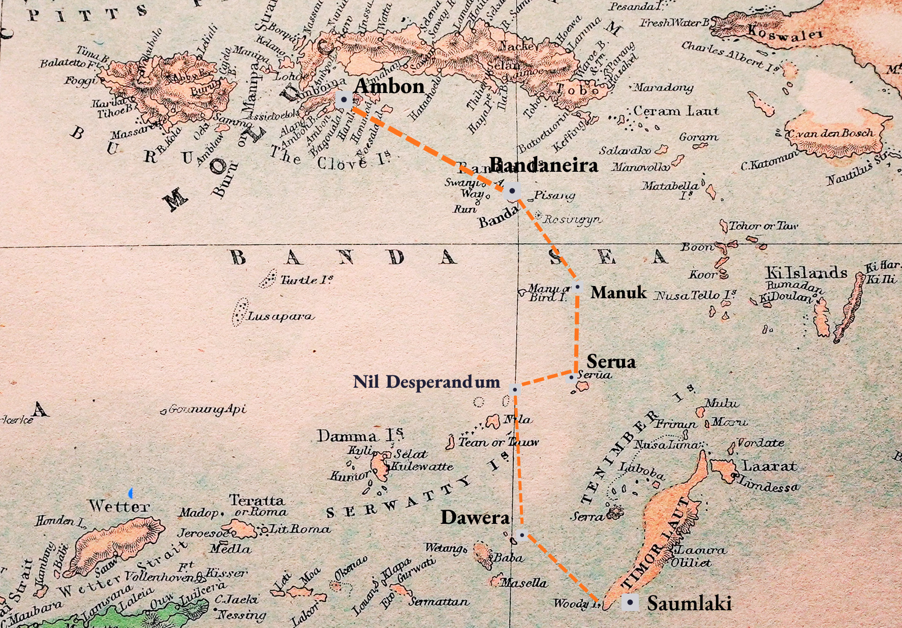 Map itinerary route Wild Banda Sea Expedition Spices islands remote islands Saumlaki Ambon isolated reef pelagic hammerheads sea snakes manuk bandaneira scuba diving