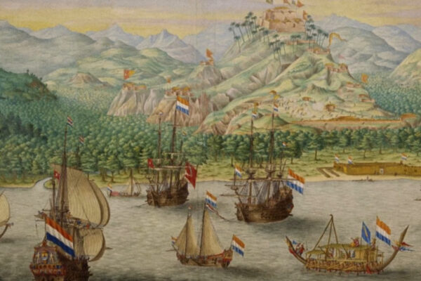 Gravure historique représentant Banda Neira, au cœur des légendaires îles aux Épices en Indonésie.